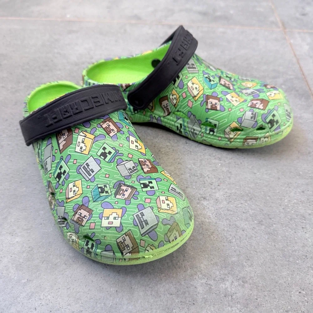 Minecraft Clogs Kids Size 3 Green Good Condition Character Print Slip On Shoes‎